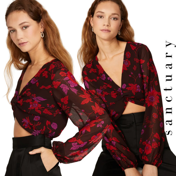 Sanctuary NWT Y2K Twist-Front Long Sleeve Chiffon Floral Print Crop Top Small - Picture 1 of 13